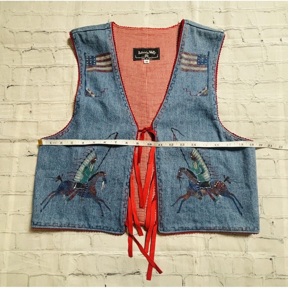 VTG Patricia Wolf Denim Vest Size M Red Gingham Hand Painted American Indian - Picture 6 of 10